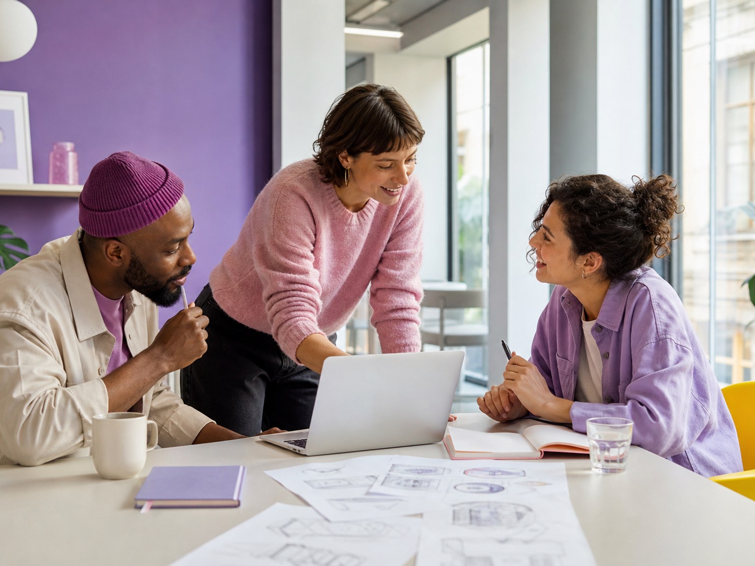 Illustrative generated scene: three entrepreneurs collaborating around a laptop in a bright contemporary studio