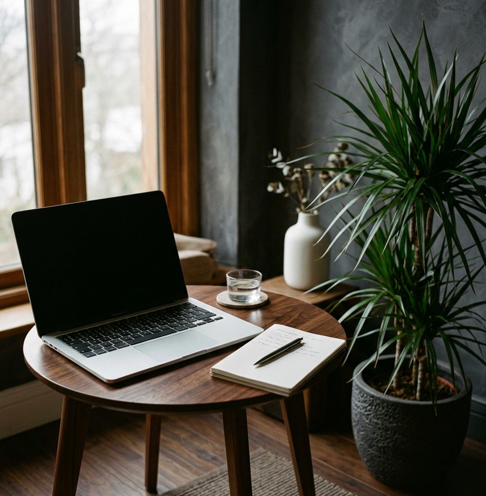 An open laptop on a small round wooden table beside a tall plant and a notebook